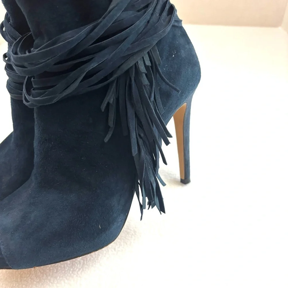 Vince Camuto‎ Navy Suede Leather Fringe Stiletto Heel Open Toe Booties (8)